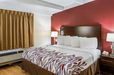 a hotel room with a large bed with red walls at Red Roof Inn Richmond, IN in Richmond