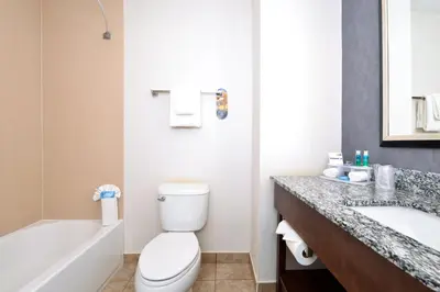 a bathroom with a toilet and a sink and a bath tub at Holiday Inn Express & Suites Greenfield by IHG in Greenfield