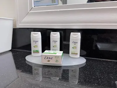 three bottles of doe on a table in a bathroom at Ramada by Wyndham Sparta/At Speedway in Sparta