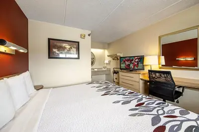 a hotel room with a large bed and a desk at Red Roof Inn Charleston West - Hurricane, WV in Teays Valley Estates