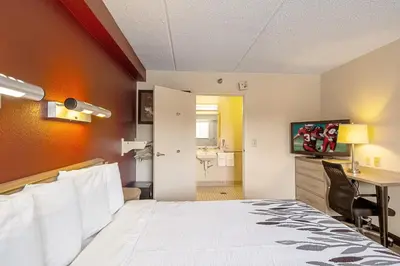 a hotel room with a bed and a desk at Red Roof Inn Charleston West - Hurricane, WV in Teays Valley Estates