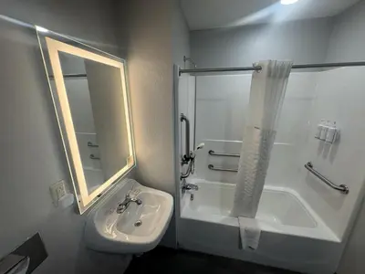 a bathroom with a sink and a shower and a sink at Microtel Inn & Suites by Wyndham Wheeling at The Highlands in Triadelphia