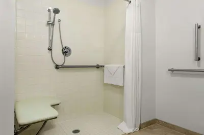 a bathroom with a shower with a toilet and a stool at Hampton Inn Athens in Athens