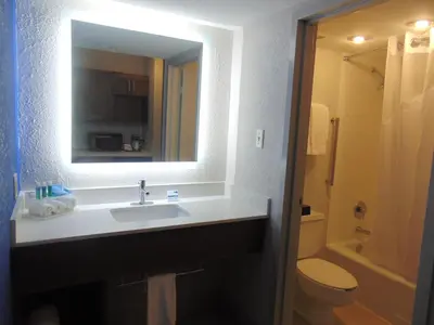 a bathroom with a sink and a toilet and a mirror at Holiday Inn Express & Suites Wapakoneta by IHG in Wapakoneta