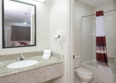 a bathroom with a sink and a toilet and a mirror at Red Roof Inn Columbus Northeast Westerville in Westerville