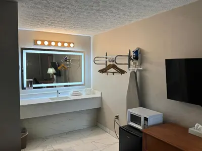 a bathroom with a sink and a mirror and a tv at South Shore Inn in Sandusky