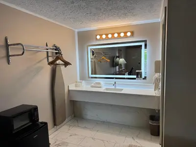 a bathroom with a sink and a large mirror at South Shore Inn in Sandusky