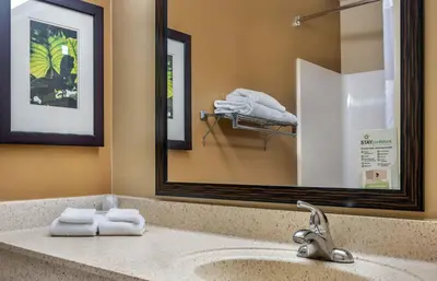 a bathroom with a sink with a mirror and towels at Extended Stay America Suites - Cincinnati - Florence - Turfway Rd in Florence