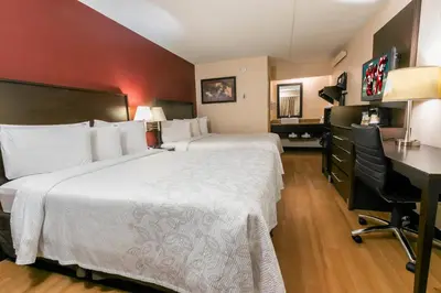 a hotel room with a large bed and a desk at Red Roof Inn PLUS+ Columbus - Dublin in Dublin