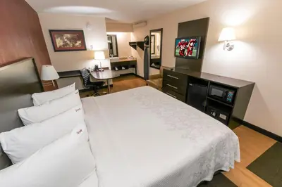 a hotel room with a white bed and a desk at Red Roof Inn PLUS+ Columbus - Dublin in Dublin