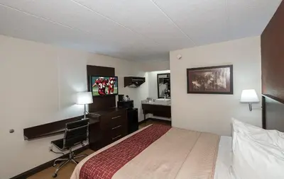 a hotel room with a bed and a desk and a sink at Red Roof Inn Toledo - Maumee in Maumee
