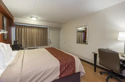 a hotel room with a bed and a desk at Red Roof Inn Cincinnati - Sharonville in Sharonville