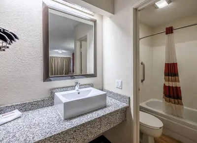 a bathroom with a sink and a toilet and a mirror at Red Roof Inn Columbus East- Reynoldsburg in Brice