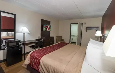a hotel room with a bed and a desk at Red Roof Inn Columbus East- Reynoldsburg in Brice
