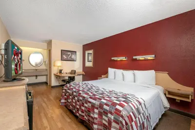 a hotel room with a bed and a red wall at Red Roof Inn Cleveland - Mentor/ Willoughby in Willoughby