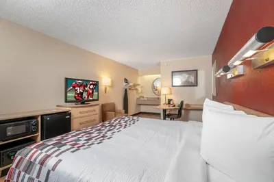 a hotel room with a bed and a flat screen tv at Red Roof Inn Cleveland - Mentor/ Willoughby in Willoughby