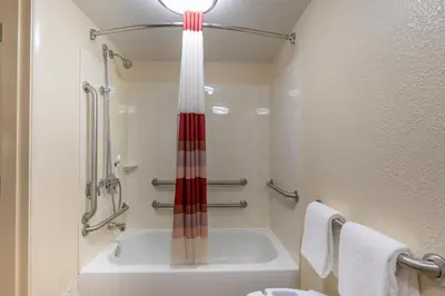 a bathroom with a shower and a bath tub at Red Roof Inn Cleveland - Mentor/ Willoughby in Willoughby