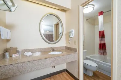 a bathroom with a sink and a toilet and a mirror at Red Roof Inn Cleveland - Mentor/ Willoughby in Willoughby