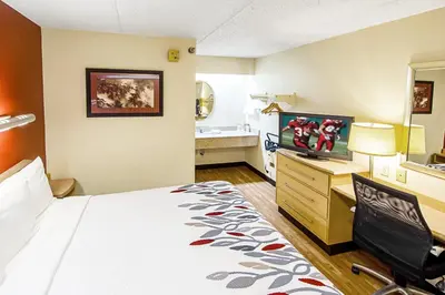 a hotel room with a bed and a desk with a computer at Red Roof Inn Canton in Canton