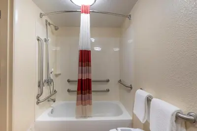 a bathroom with a shower and a tub and a sink at Red Roof Inn Cleveland - Independence in Independence