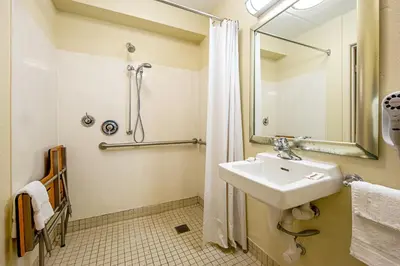 a bathroom with a sink and a shower at Red Roof Inn Charleston - Kanawha City, WV in Charleston