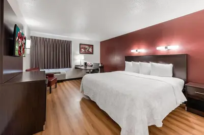 a hotel room with a large bed and a desk at Red Roof Inn PLUS+ Columbus - Worthington in Columbus