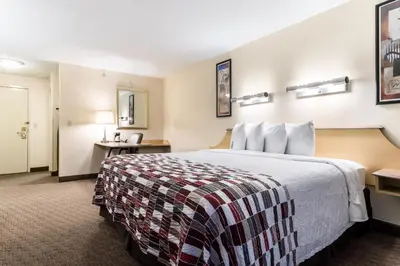 a hotel room with a bed and a bathroom at Red Roof Inn Cleveland Airport - Middleburg Heights in Middleburg Heights