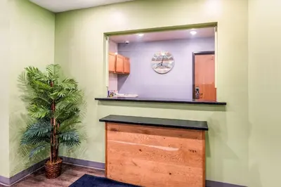 a bathroom with a vanity with a mirror and a plant at WoodSpring Suites Columbus West - Hilliard in Hilliard
