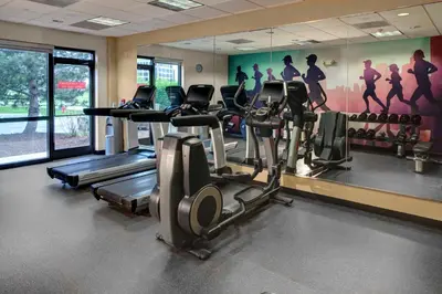 a gym with cardio machines and a wall mural at Hyatt Place Cincinnati Airport in Florence