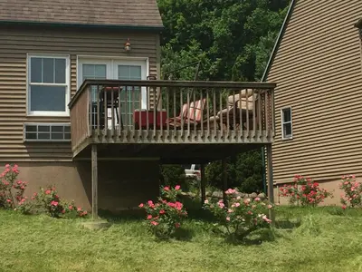 a deck on a house with a dog on it at Spruce Hill Inn & Cottages in Mansfield
