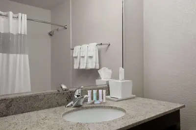 a bathroom with a sink and a mirror at Travelodge by Wyndham Hubbard OH in Hubbard