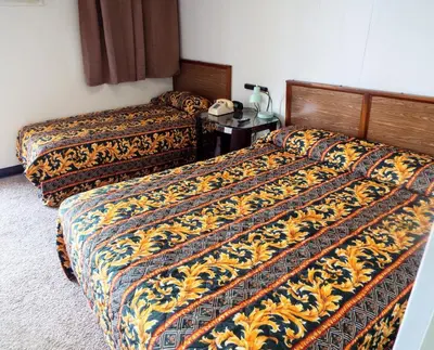 a hotel room with two beds and a phone on a table at Davis Motel in North Lima