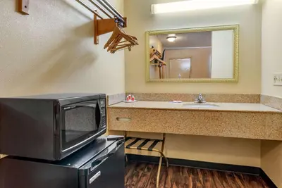 a bathroom with a microwave and a sink at Rodeway Inn Jeffersonville - Washington Court House in Jeffersonville