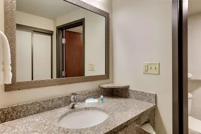 a bathroom with a sink and a mirror at Drury Plaza Hotel Columbus Downtown in Columbus