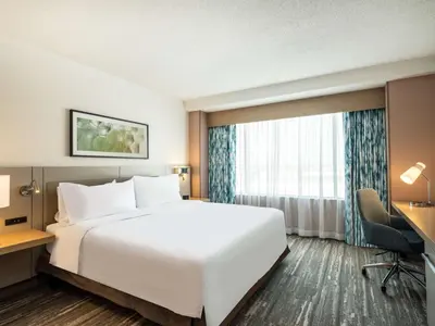 a hotel room with a large white bed and a window at Hilton Garden Inn Toledo Downtown in Toledo