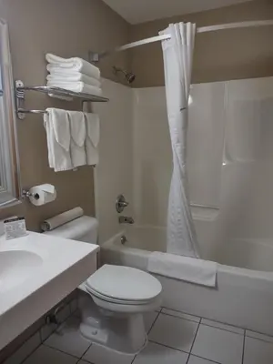 a bathroom with a toilet and a sink and a shower at Super 8 by Wyndham Adrian in Adrian