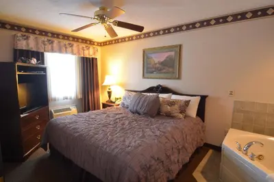 a bedroom with a bed and a television and a tub at Hearthstone Inn & Suites in Cedarville