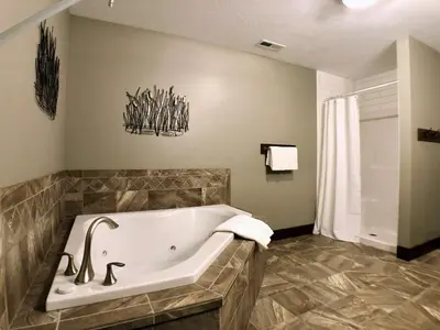 a bathroom with a bath tub in a room at Sojourner's Lodge & Log Cabin Suites in Dundee