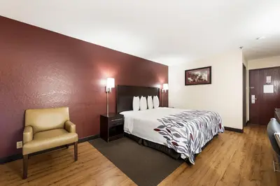 a hotel room with a bed and a chair at Red Roof Inn Auburn in Auburn