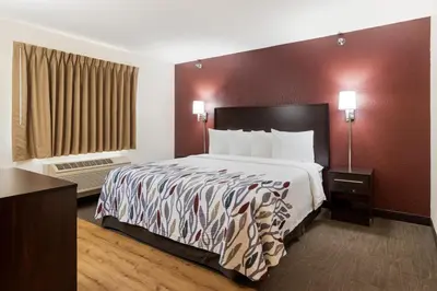 a hotel room with a large bed and a window at Red Roof Inn Auburn in Auburn