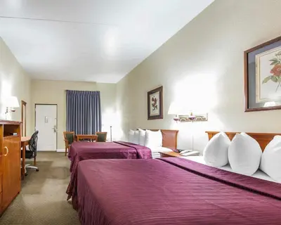 a hotel room with two beds with purple sheets at Quality Inn Maysville in Maysville
