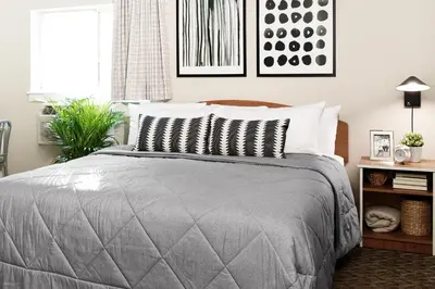 a bedroom with a bed with a gray comforter at InTown Suites Extended Stay Columbus OH - North in Columbus