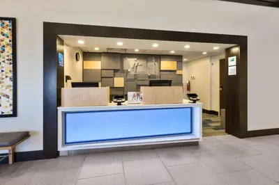 a hospital lobby with a large blue display at Holiday Inn Express Chillicothe East by IHG in Chillicothe