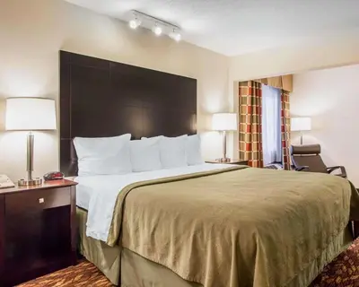 a hotel room with a large bed and a desk at Quality Inn St Marys in Villa Nova