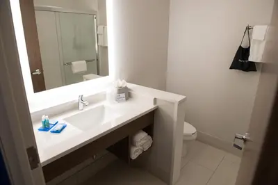 a bathroom with a sink with a mirror and a toilet at Holiday Inn Express & Suites - Fort Wayne North by IHG in Sunnybrook Acres