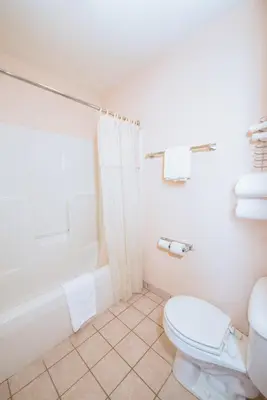 a bathroom with a toilet and a bath tub at OurGuest Inn & Suites Downtown Port Clinton in Port Clinton