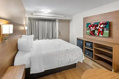 a hotel room with a bed and a flat screen tv at Red Roof Inn PLUS+ Columbus-Ohio State University OSU in Columbus
