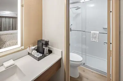a bathroom with a toilet and a shower at Red Roof Inn PLUS+ Columbus-Ohio State University OSU in Columbus
