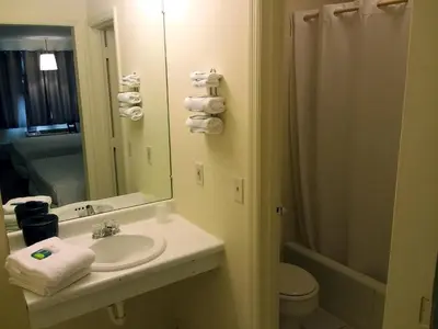 a bathroom with a sink and a shower and a toilet at Walton Inn in Willard