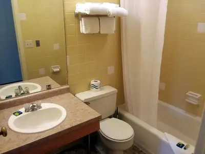 a bathroom with a toilet and a sink and a shower at Walton Inn in Willard